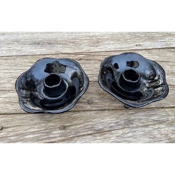 Vintage Pair Black Amethyst Glass 3 Footed Candlestick Holders - Picture 8 of 11